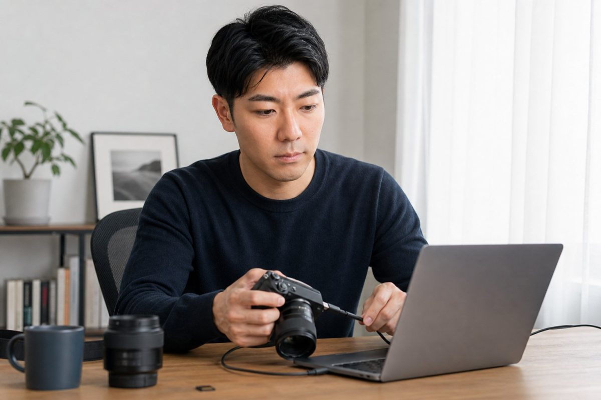 カメラの写真をPCに取り込む男性