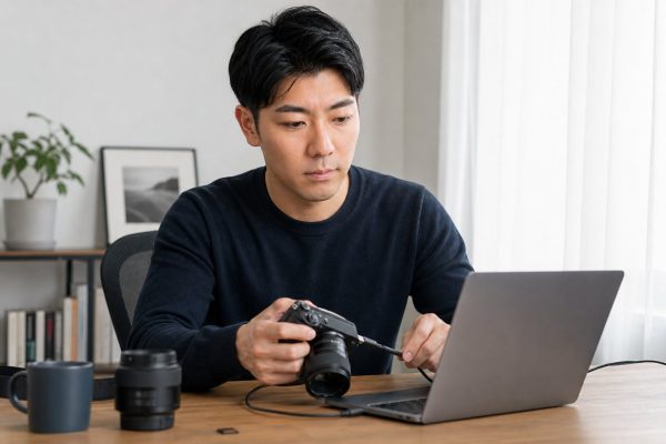 カメラの写真をPCに取り込む男性