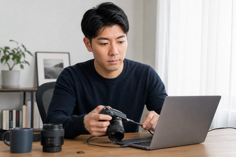 カメラの写真をPCに取り込む男性