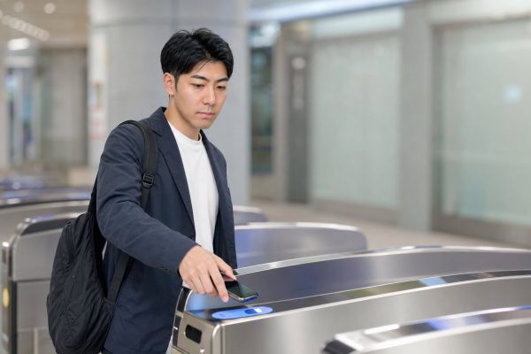 ICカードで改札を通る男性