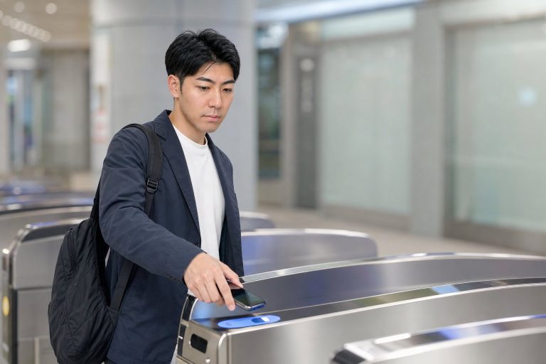 ICカードで改札を通る男性