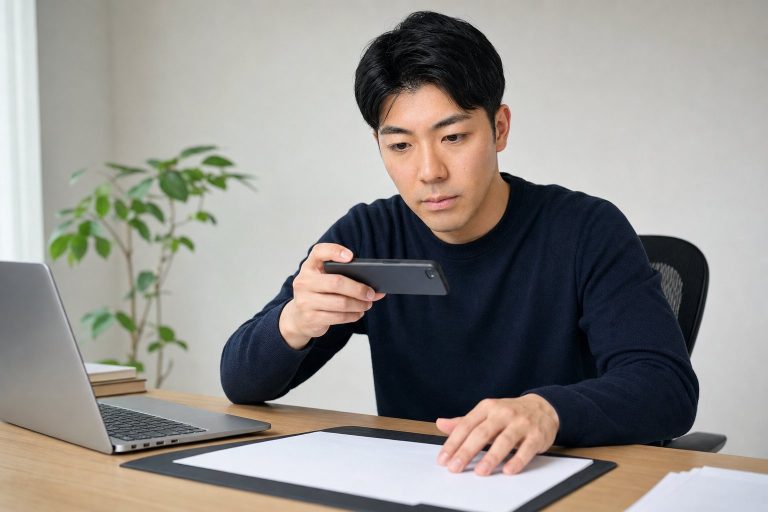スマホで書類をスキャンする男性