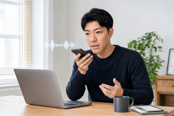 スマホに音声入力する男性