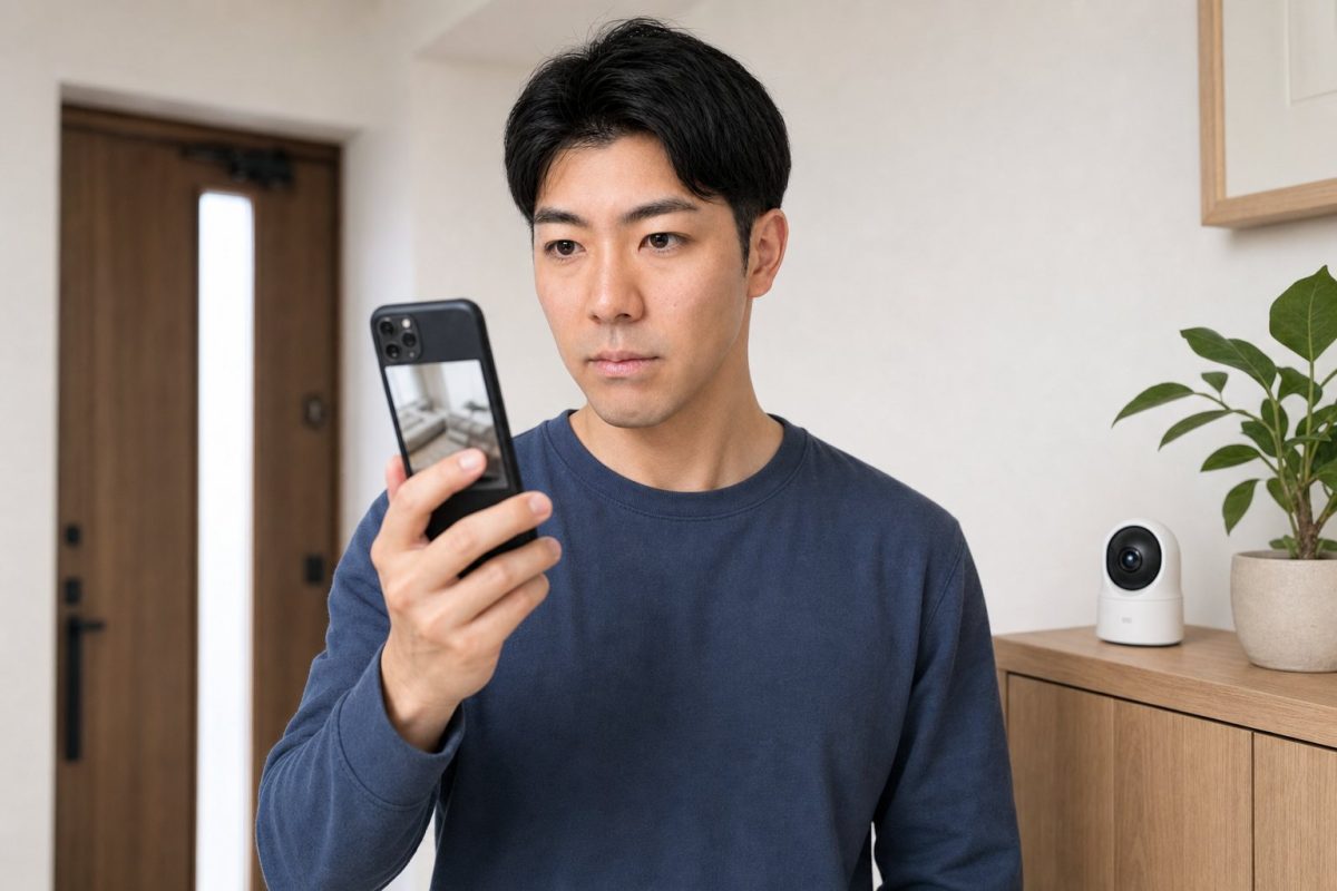 スマートホームカメラの映像を確認する男性