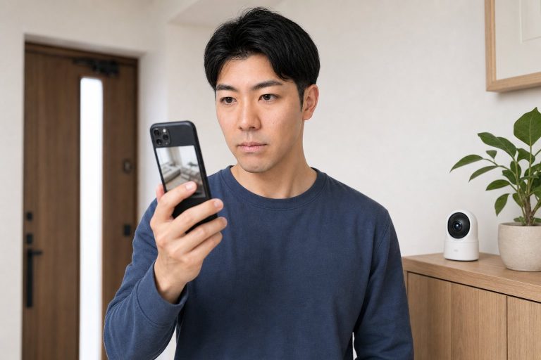 スマートホームカメラの映像を確認する男性