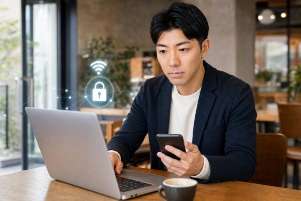 カフェのWi-FiでノートPCを使う男性