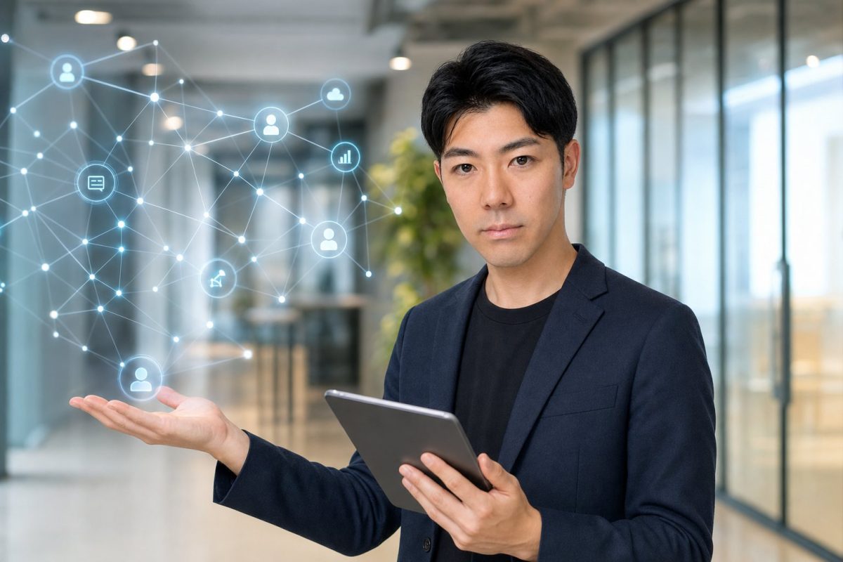 タブレットでAIネットワークを説明する男性