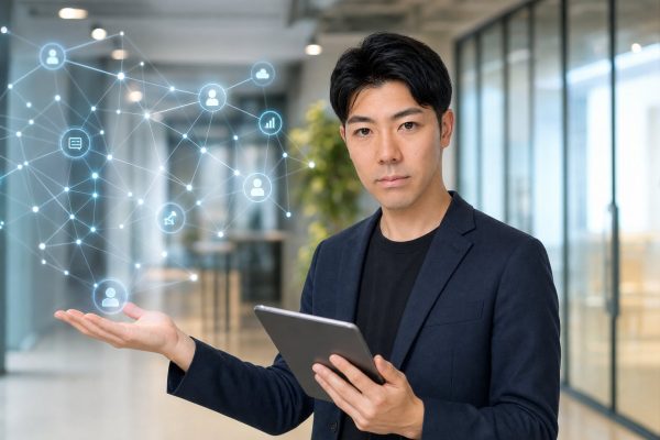 タブレットでAIネットワークを説明する男性