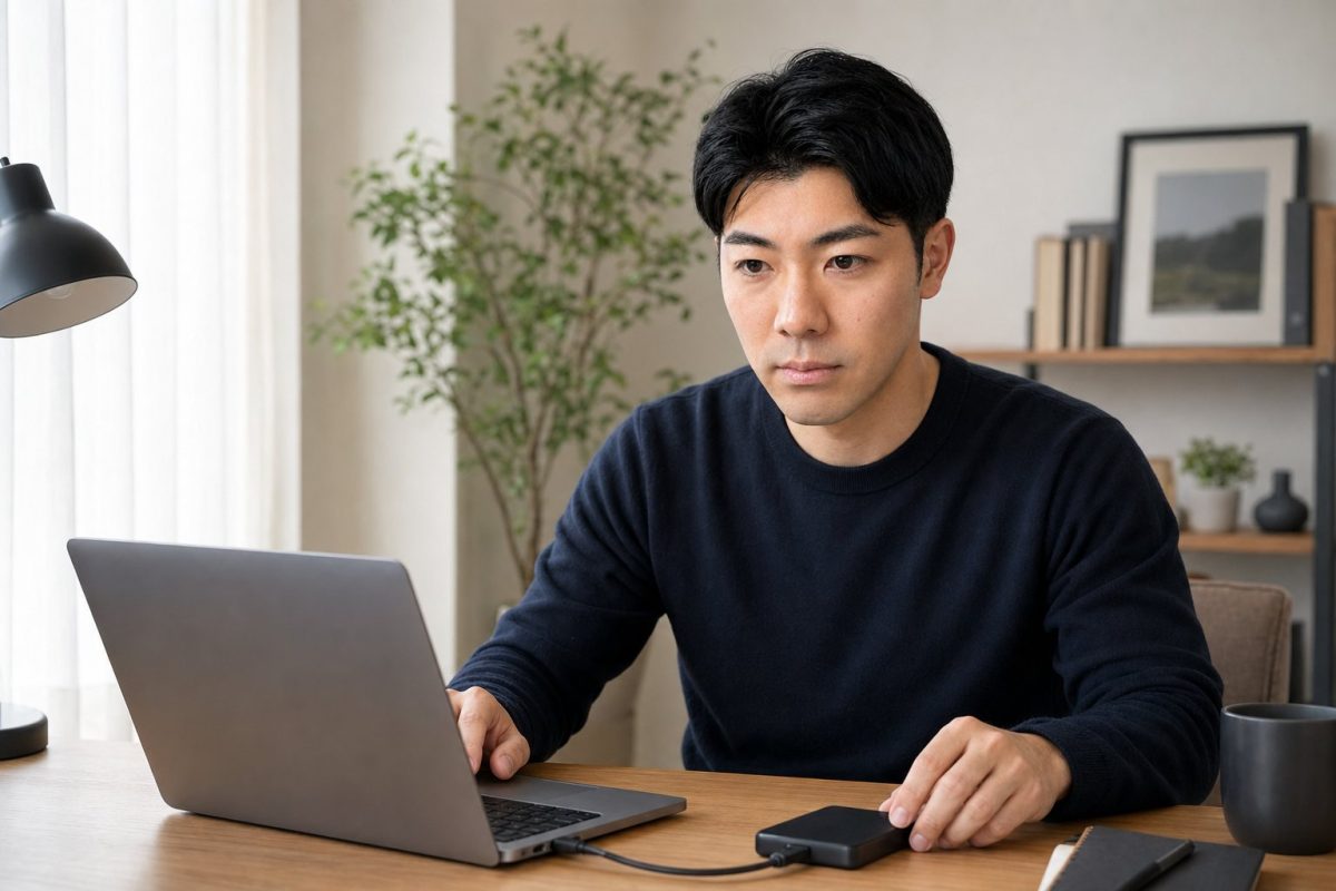 外付けドライブにバックアップする男性