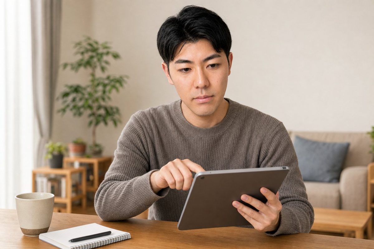 タブレットでオンライン予約する男性