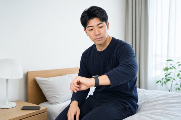 スマートウォッチの睡眠データを見る男性