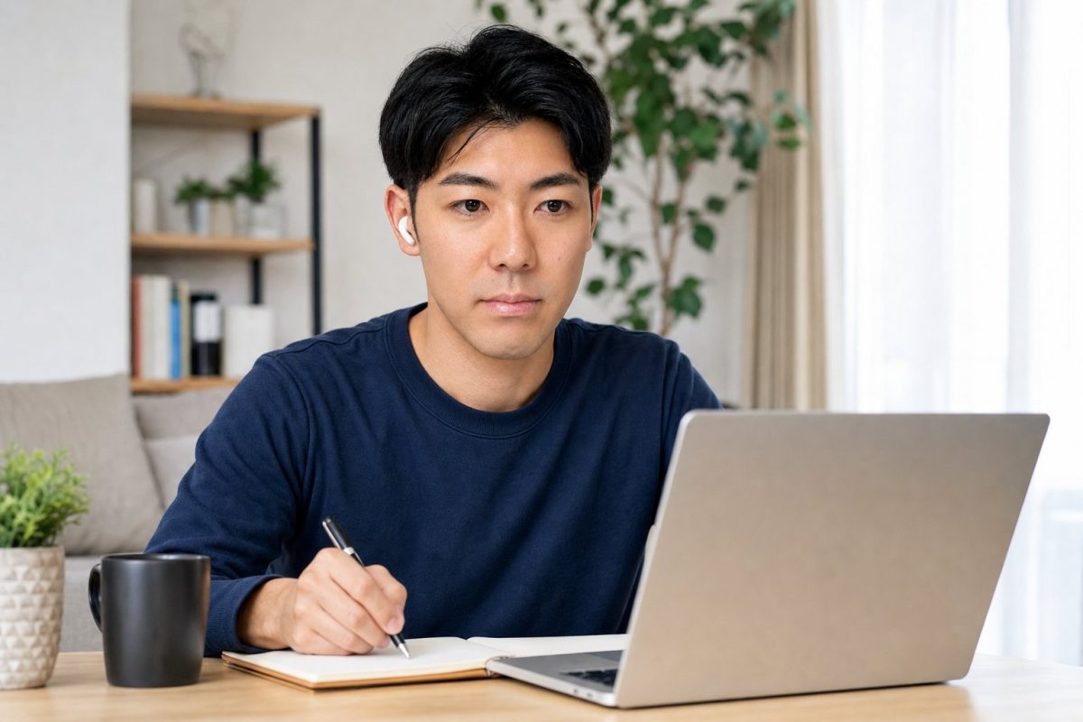 イヤホンでオンラインセミナーを受講する男性