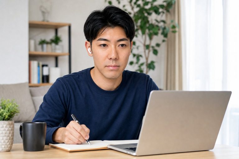 イヤホンでオンラインセミナーを受講する男性