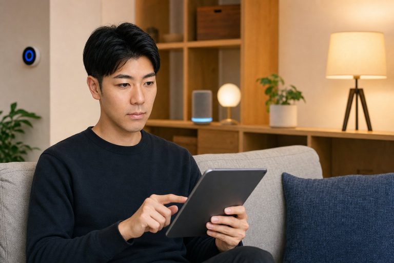 タブレットで家電を一括操作する男性