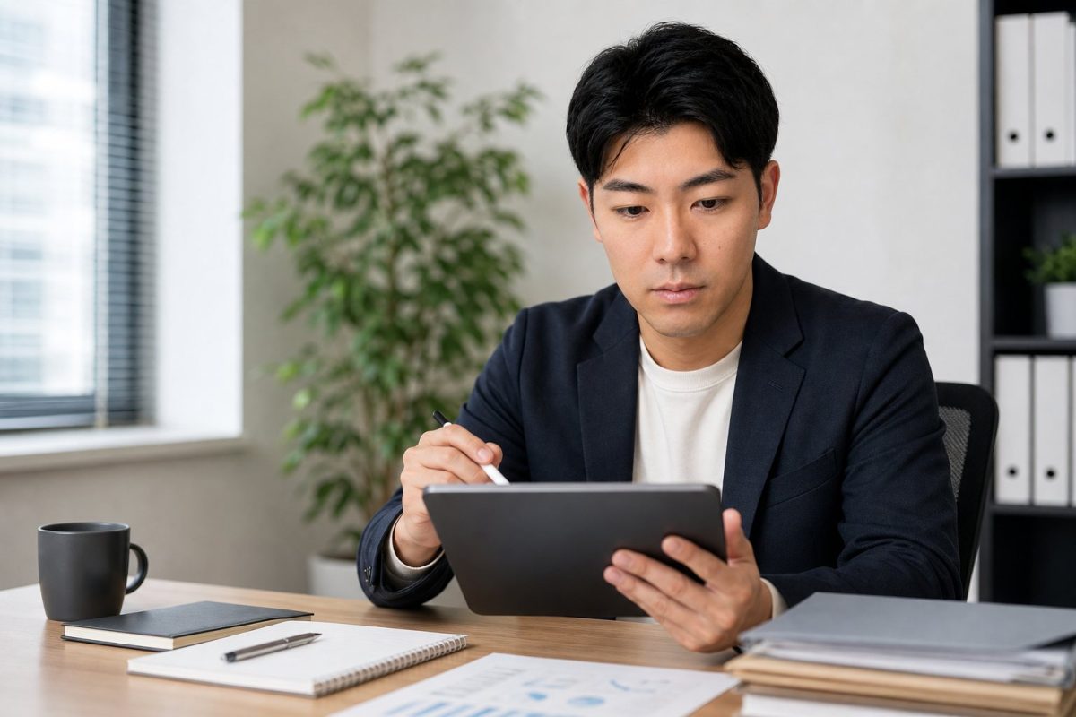 タブレットでペーパーレス会議のメモを取る男性