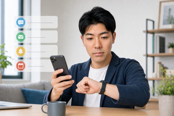スマートウォッチの通知設定をする男性