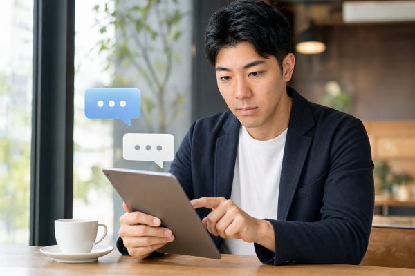カフェでAIチャットボットを使う男性