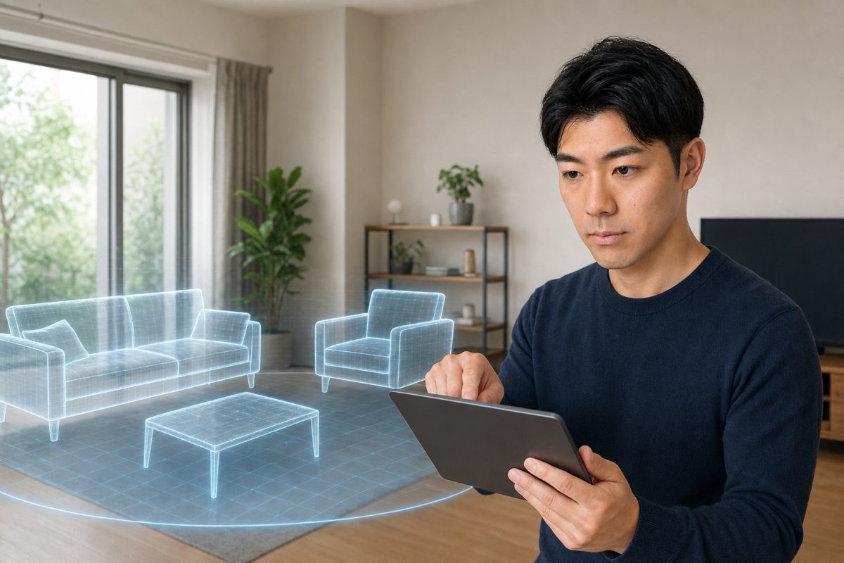 ARで家具の配置を確かめる男性