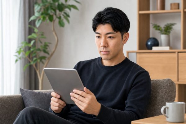 タブレットで電子マニュアルを読む男性