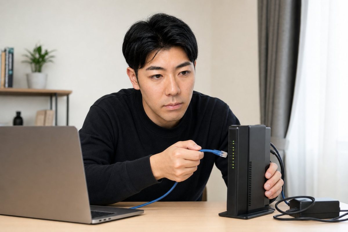 ルーターの配線を確認する男性