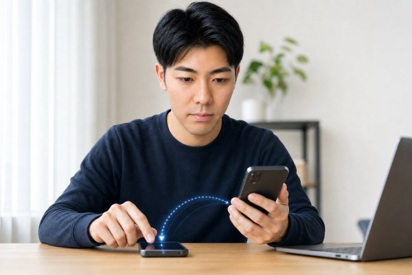スマホのデータ移行をする男性