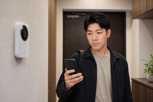 玄関のスマートカメラ通知を確認する男性