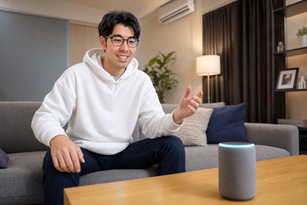 スマートスピーカーを操作する男性