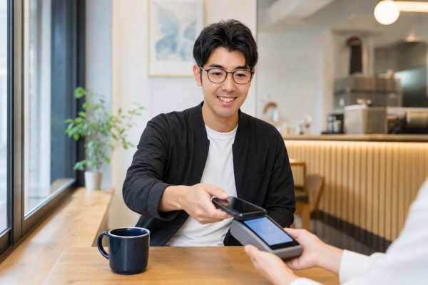 スマホ決済で支払う男性