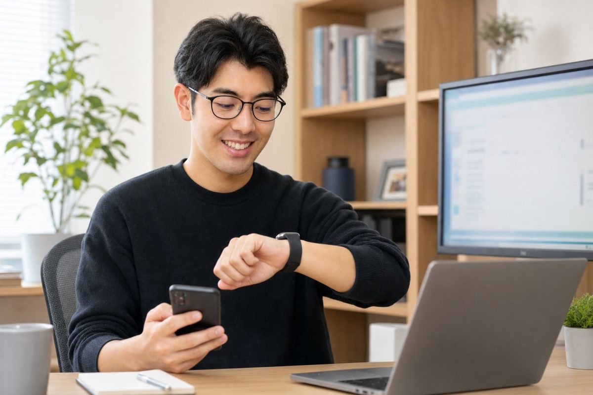 スマートウォッチの通知を見る男性