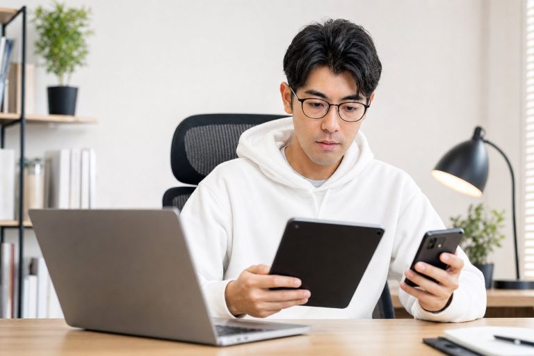 複数の端末で作業する男性