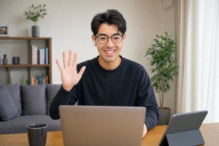 ビデオ通話で打ち合わせる男性