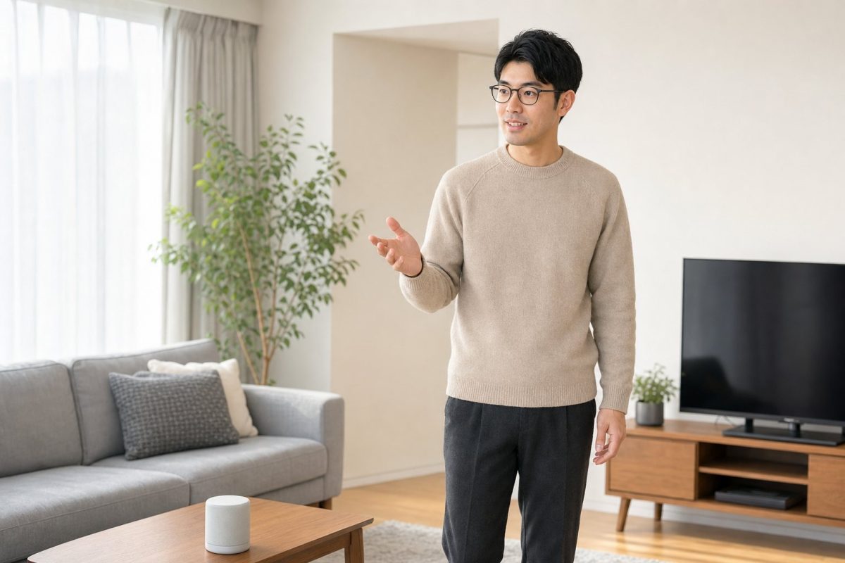 スマートホームを操作するメガネの男性
