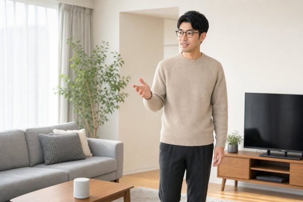 スマートホームを操作するメガネの男性