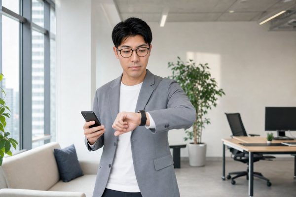 ウェアラブル端末を確認するメガネの男性