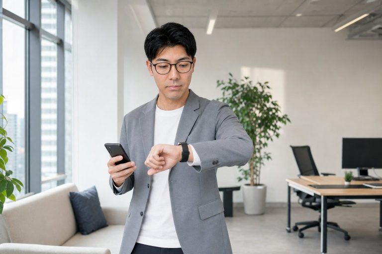 ウェアラブル端末を確認するメガネの男性
