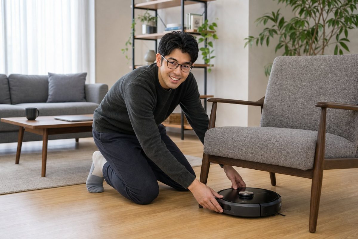 ロボット掃除機を救出する男性