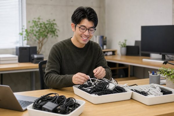 絡まったケーブルをほどく男性