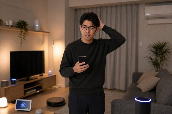 ガジェットに埋もれる男性