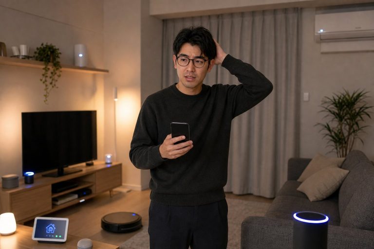 ガジェットに埋もれる男性