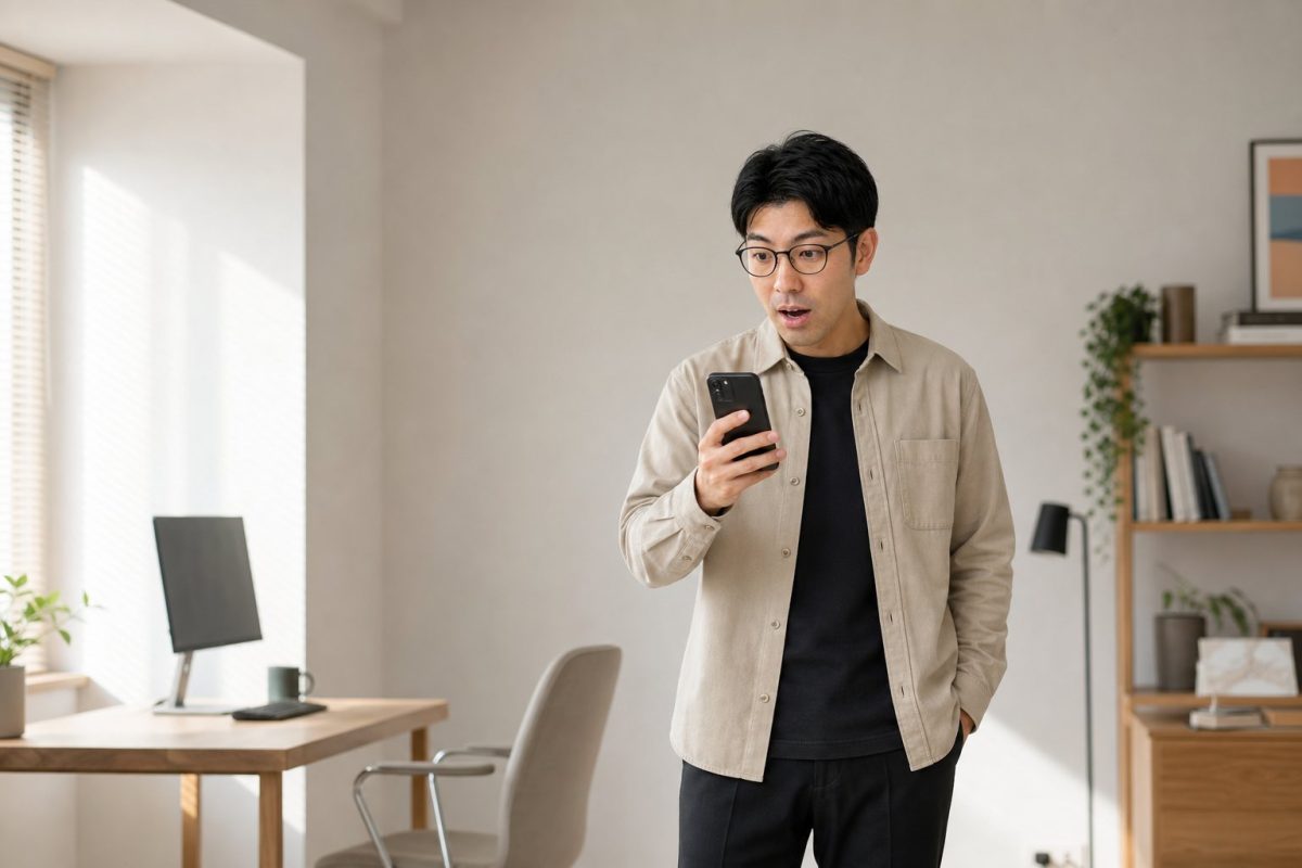 スマホを見て驚くメガネの男性