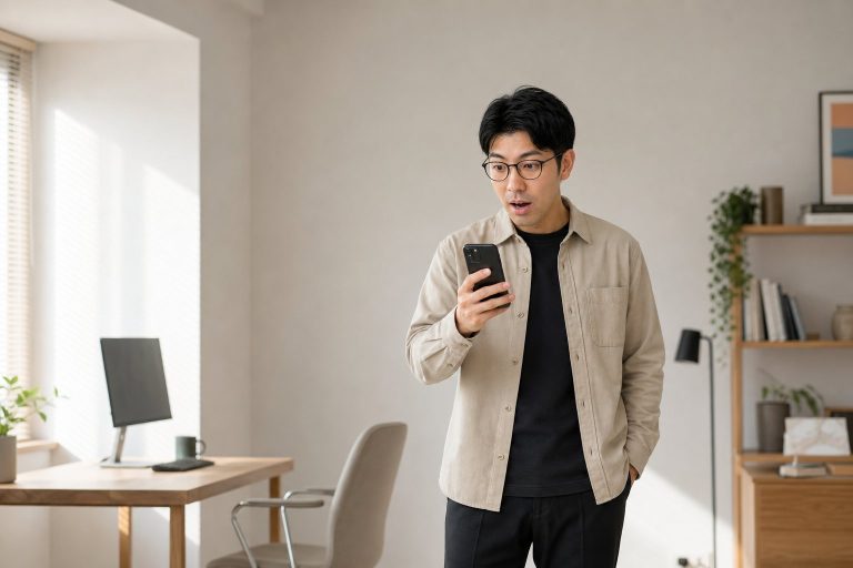 スマホを見て驚くメガネの男性