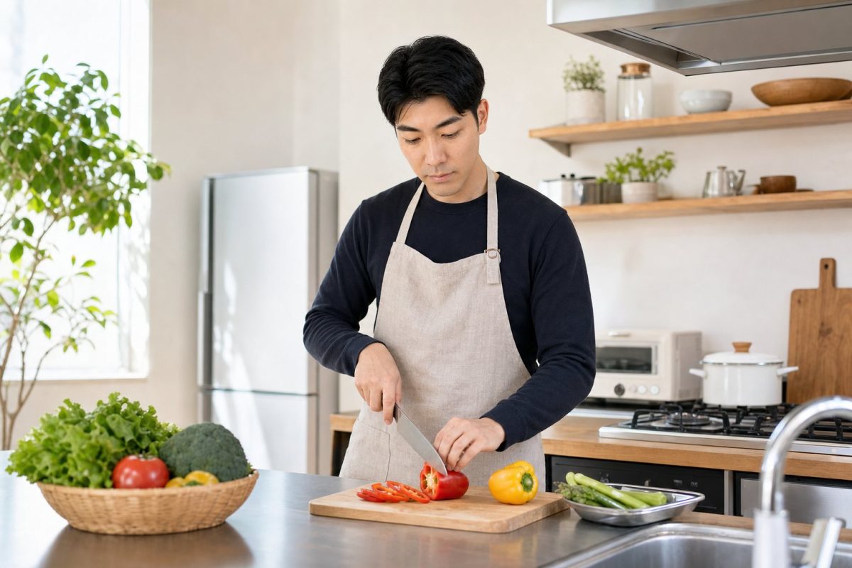 エプロン姿で料理をする男性