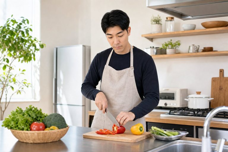 エプロン姿で料理をする男性