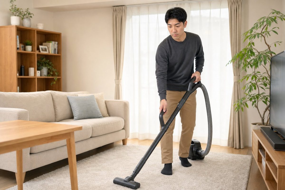 リビングで掃除機をかける男性