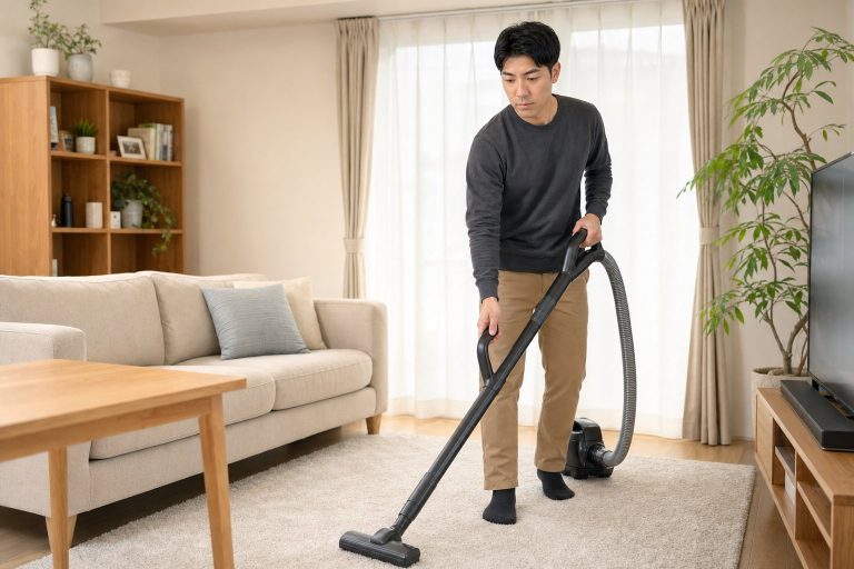 リビングで掃除機をかける男性