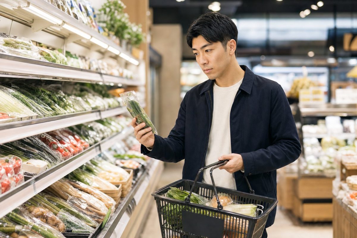 スーパーで買い物カゴを持って選ぶ男性