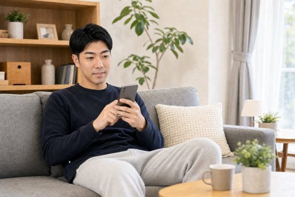 ソファでスマホを見てくつろぐ男性