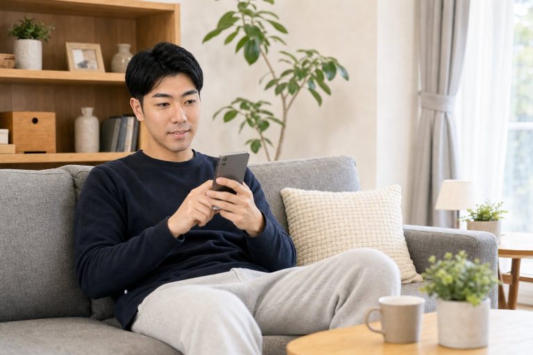 ソファでスマホを見てくつろぐ男性