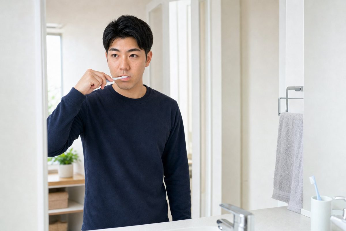 朝の洗面所で歯を磨く男性