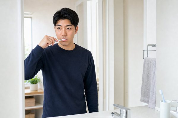 朝の洗面所で歯を磨く男性